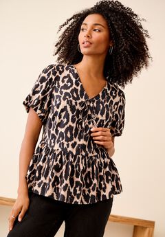 V-Neck Flounce Hem Blouson Sleeve Blouse