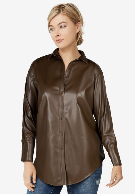 Faux Leather Button Front Tunic, BROWN, hi-res image number null