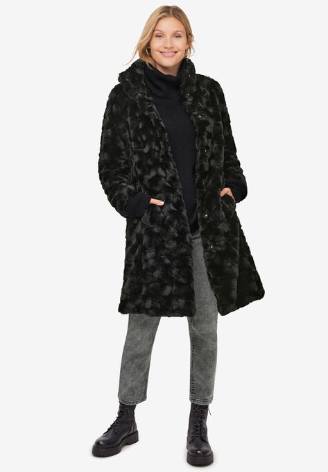 Funnel Neck Faux Fur Coat, BLACK, hi-res image number null