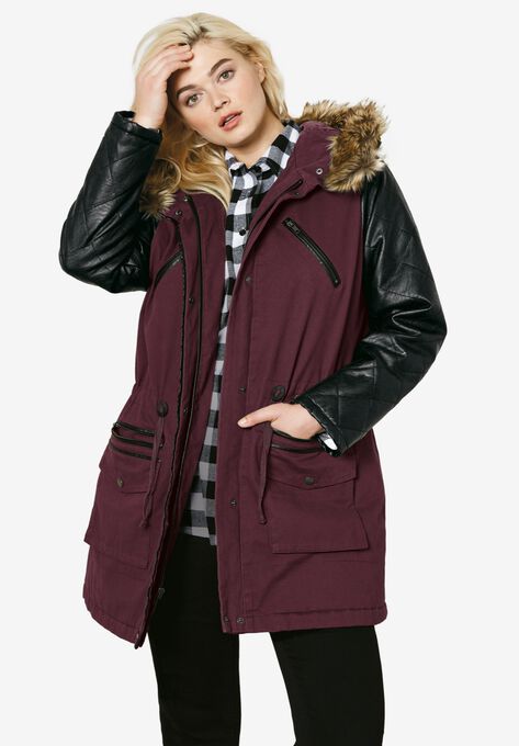 Quilted Faux Leather Sleeve Parka, DEEP MERLOT, hi-res image number null