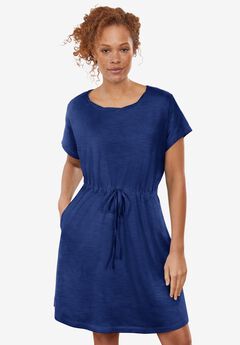 Cotton Jersey Knit Cinched-Waist Drawstring Midi Dress