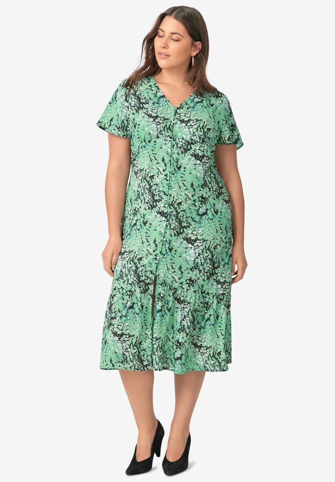 Button-Front Flounce Hem Dress, GREEN BLACK PRINT, hi-res image number null