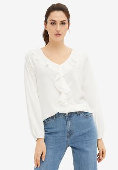 Stretch Textured Knit V-neck Ruffle Front Top
