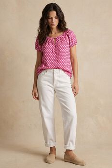 100% Cotton A-Line Peasant Blouse With Scoop Keyhole Neckline
