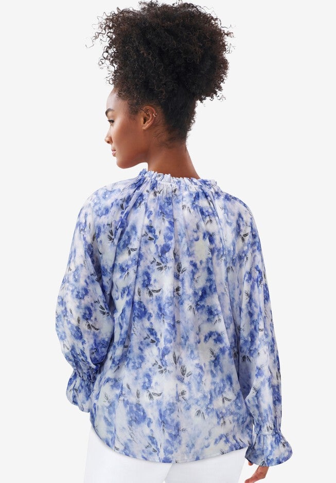 Keyhole Ruffle Trim Blouse, BLUEBERRY CREAM FLORAL, on-hover image number null