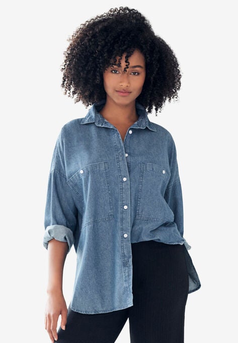 Oversized Button-Front Denim Shirt, MEDIUM STONEWASH, hi-res image number null