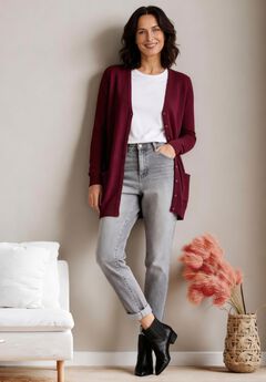 V-Neck Button-Front 100% Cotton Boyfriend Cardigan