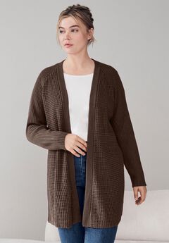 Open Front Long Ribbed Sleeve Waffle Cardigan