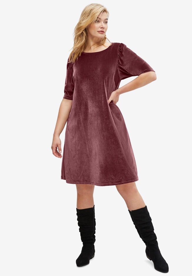 Puff Sleeve Velour Dress, DEEP WINE, hi-res image number 0