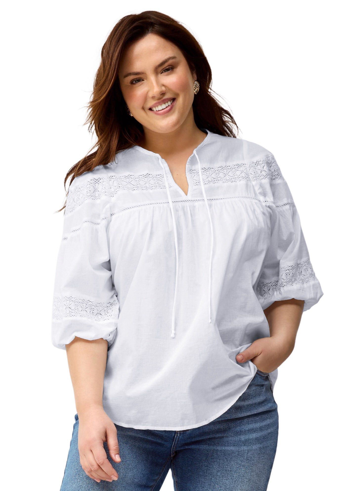 100% Cotton A-Line Three-Quarter Sleeve Keyhole Neck Blouse With Crochet Trim, WHITE, hi-res image number 0