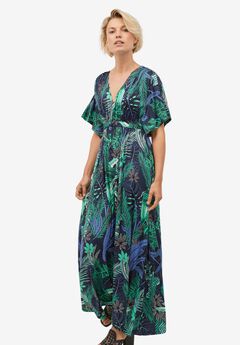 Stretch Knit Fit And Flare Elbow-Length Sleeve Tie-Back Maxi Dress