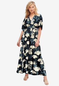 Stretch Knit Fit And Flare Elbow-Length Sleeve Tie-Back Maxi Dress