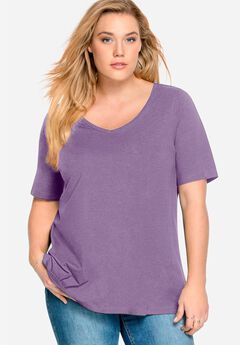 Stretch Jersey Knit A-Line Relaxed V-Neck Short Sleeve Tunic