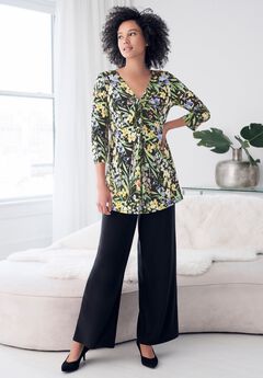 Stretch Knit V-neck 3/4 Sleeve Knot Front Tunic