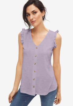 Button-Front Ruffle Sleeve Tank