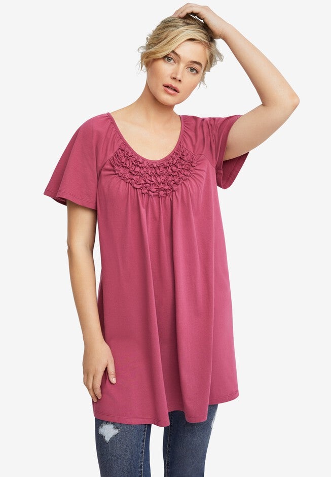 Smocked Scoop-Neck Tunic, BURGUNDY ROSE, hi-res image number null