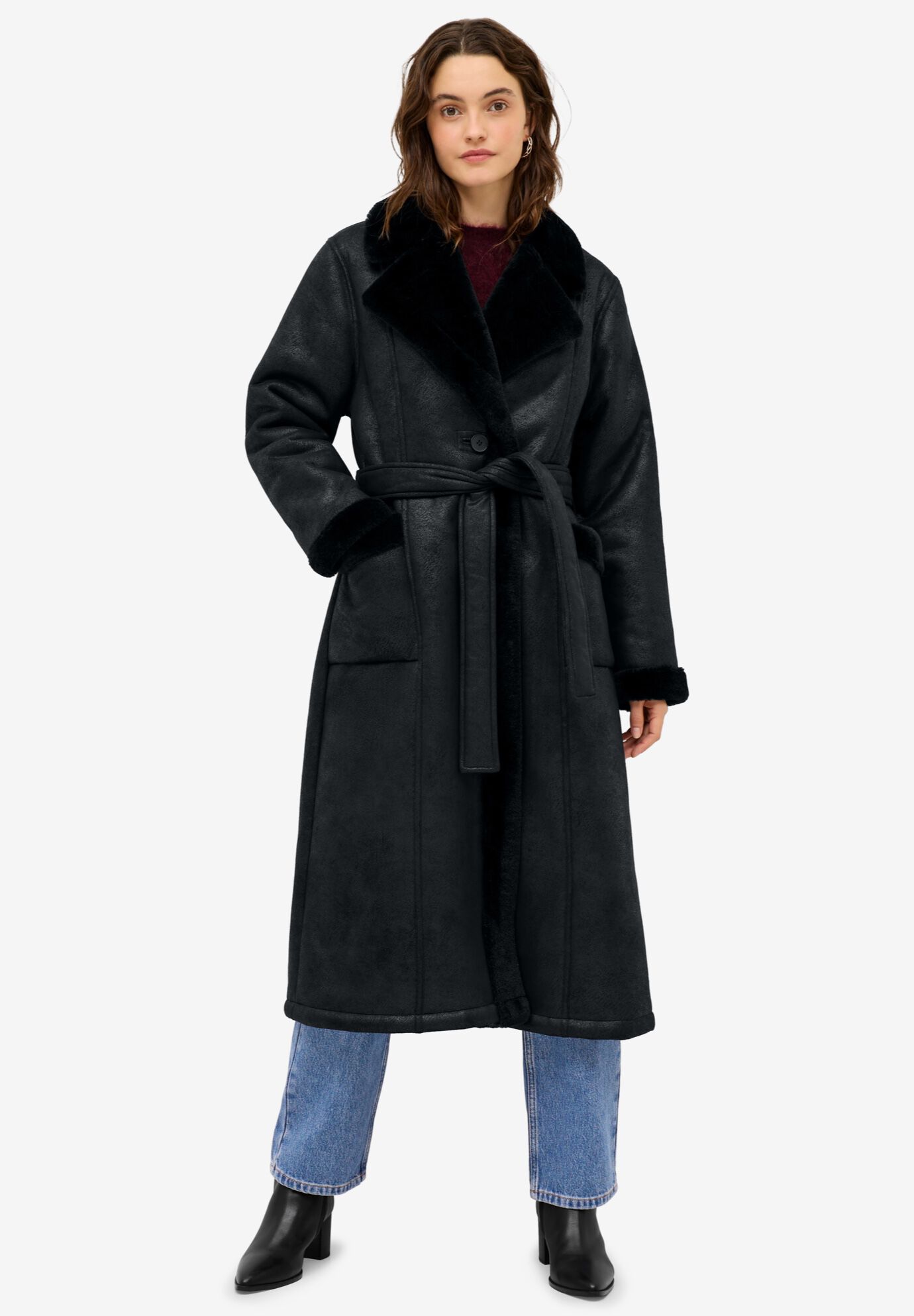 Long Faux Shearling Coat With Belt, BLACK, hi-res image number 0