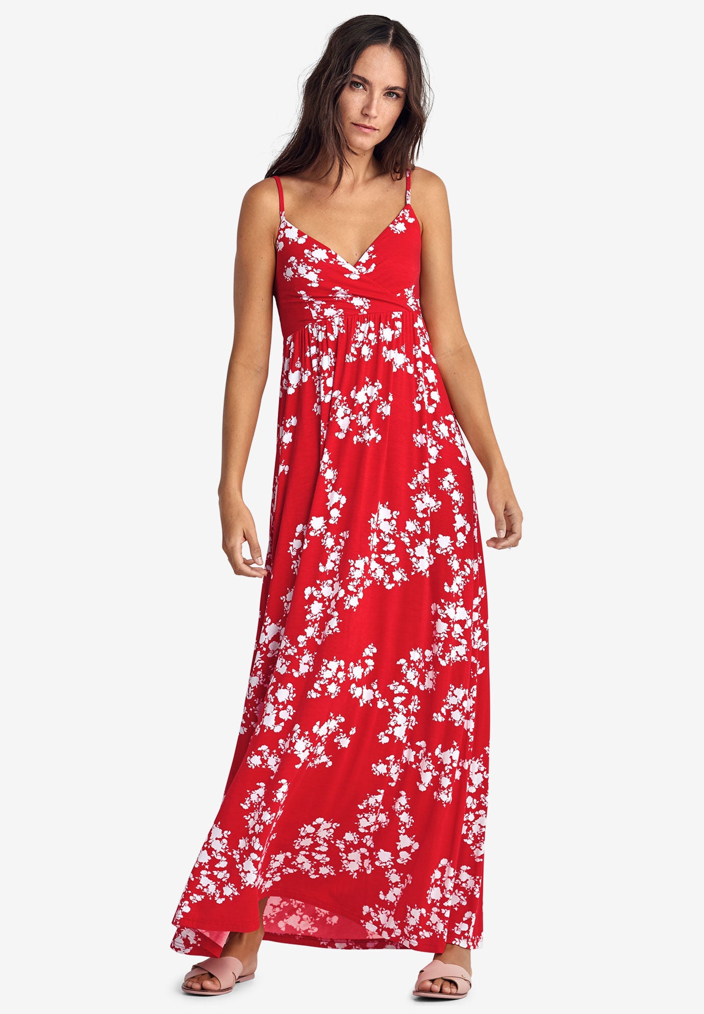 Knit Surplice Maxi Dress with Adjustable Straps Hot Red White Floral