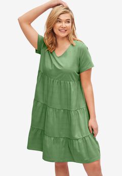 Cotton Spandex Scoop Neck Short Sleeve Tiered A Line Dress