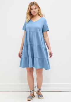Cotton Spandex V-Neck Short Sleeve Tiered A-Line Dress