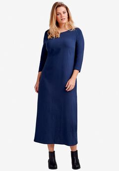 Cotton Spandex Crew Neck 3/4 Sleeve Maxi Dress