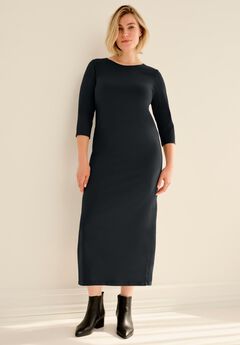 Cotton Spandex Crew Neck 3/4 Sleeve Maxi Dress