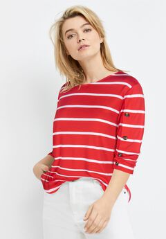 Cotton Spandex Boat Neck 3/4 Sleeve Button Trim Tee