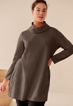 Side Snap Cowl Neck French Terry Sweatshirt Tunic