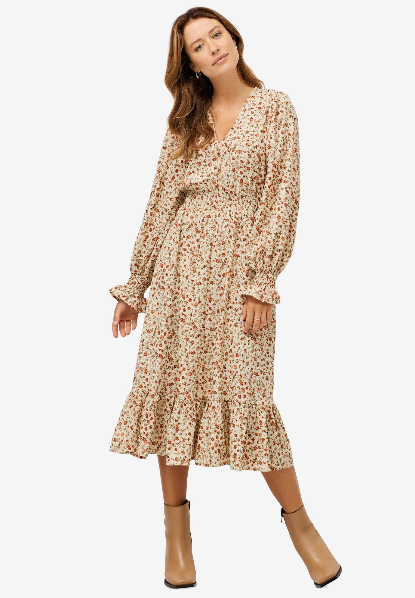 Smocked Waist Midi Dress, BEIGE RUST DITSY FLORAL, hi-res image number 0