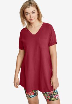 Stretch Knit V-neck Short Sleeve Chest Pocket Tunic