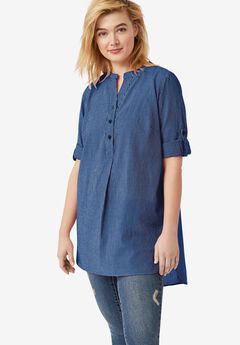 Three-Quarter Sleeve Roll Tab Relaxed Fit 100% Cotton Henley Tunic