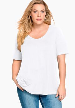 Stretch Jersey Knit A-Line Relaxed V-Neck Short Sleeve Tunic