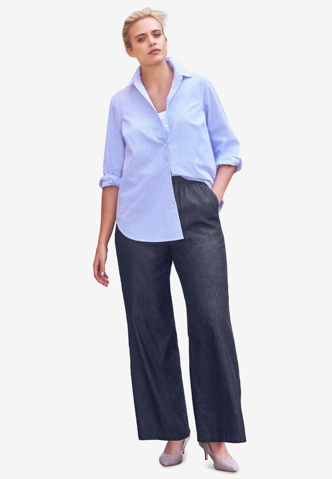 Elastic Waist Pull On Wide Leg Jeans, DARK WASH, hi-res image number null