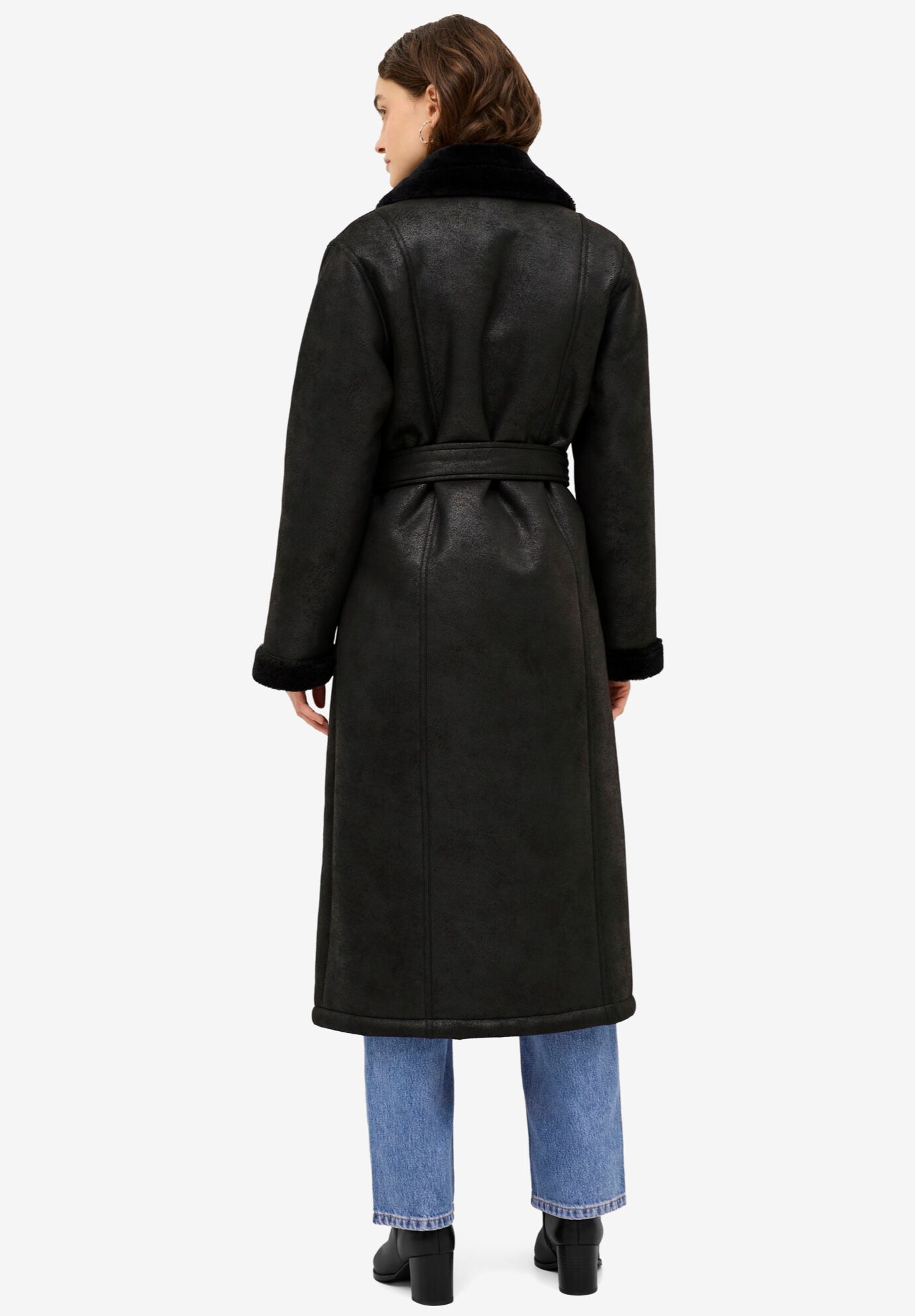 Long Faux Shearling Coat With Belt, , on-hover image number 1