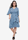 V-Neck Textured Knit Dress With Diagonal Ruffle, BLUE SHADOW DITSY FLORAL, hi-res image number null