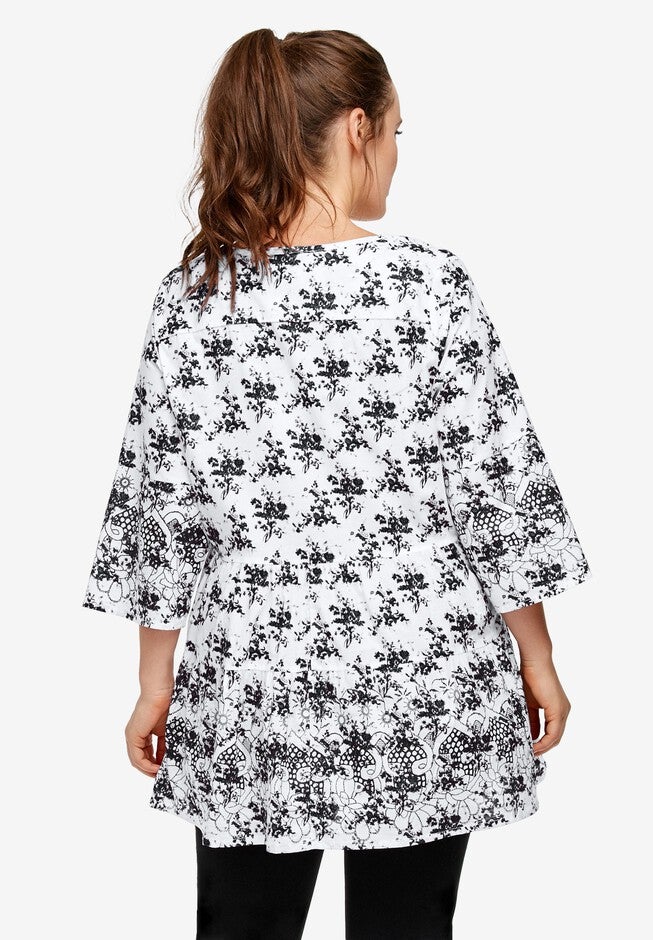 Tiered Floral 3/4 Sleeve Tunic, BLACK WHITE PRINT, on-hover image number 1