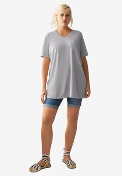 Stretch Knit V-neck Short Sleeve Chest Pocket Tunic
