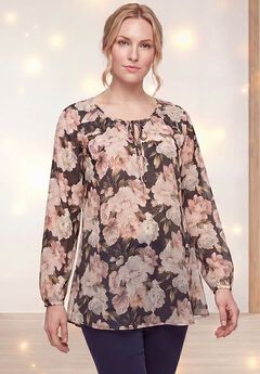A-Line Long Sleeve Peasant Tunic with Tie-Neck Keyhole Neckline