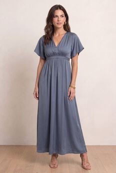 Stretch Knit Fit And Flare Elbow-Length Sleeve Tie-Back Maxi Dress