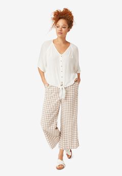 100% Cotton Wide Leg Gingham Seersucker Back Elastic Waist Crop Pants