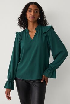 Notch Neck Ruffle Shoulder Peasant Tunic