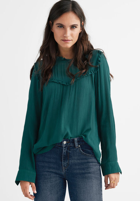 Ruffle-Trim Crinkle Blouse, EVERGREEN, hi-res image number null