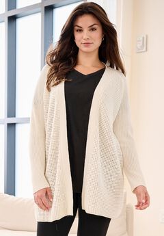 Open Front Long Ribbed Sleeve Waffle Cardigan
