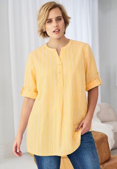 Three-Quarter Sleeve Roll Tab Relaxed Fit 100% Cotton Henley Tunic