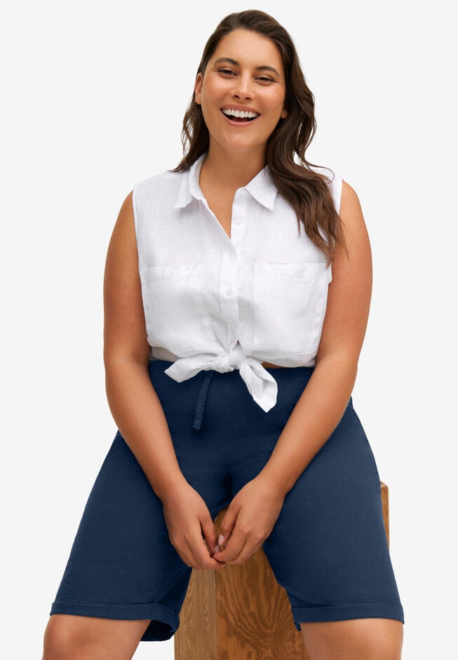 Sleeveless Button-Front Linen Blend Shirt, , alternate image number null