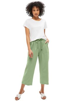 Linen-Blend Drawstring Elastic Waist Relaxed Fit Capris