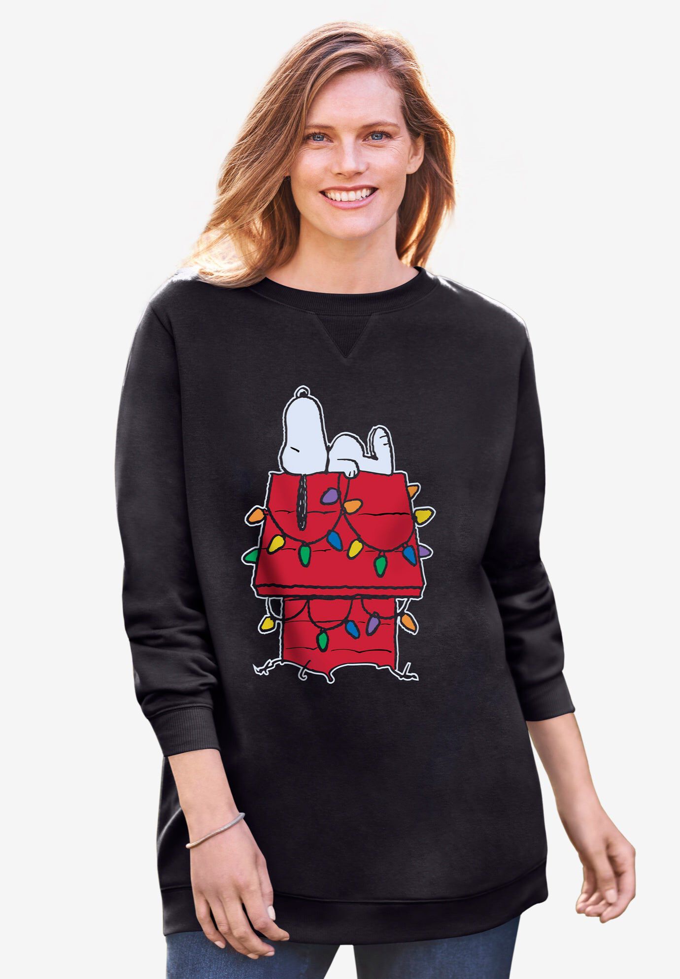 Peanuts Women&rsquo;s Crewneck Sweatshirt Black XMAS Snoopy, BLACK XMAS SNOOPY, hi-res image number 0