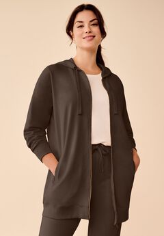 French Terry Long Sleeve Zip-Front Tunic Hoodie