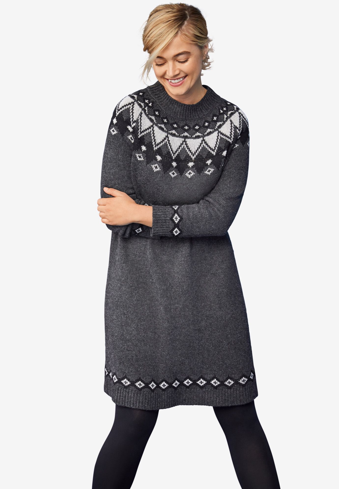Cozy Fair Isle Sweater Dress A Line Style Heather Charcoal