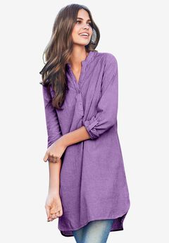 Three-Quarter Sleeve Roll Tab Relaxed Fit 100% Cotton Henley Tunic